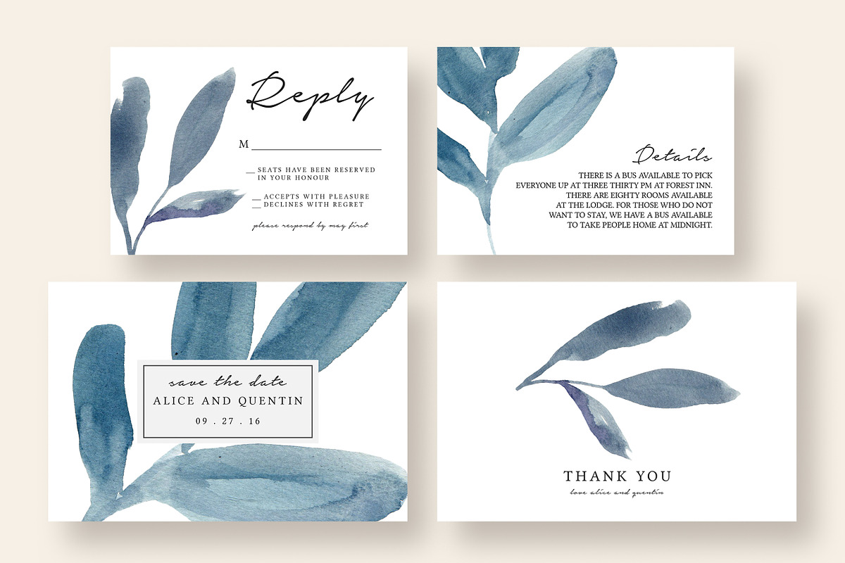Blue Watercolor Leaves Wedding Suite, an Invitation Template by Knotted Design (Photo 3 of 4)