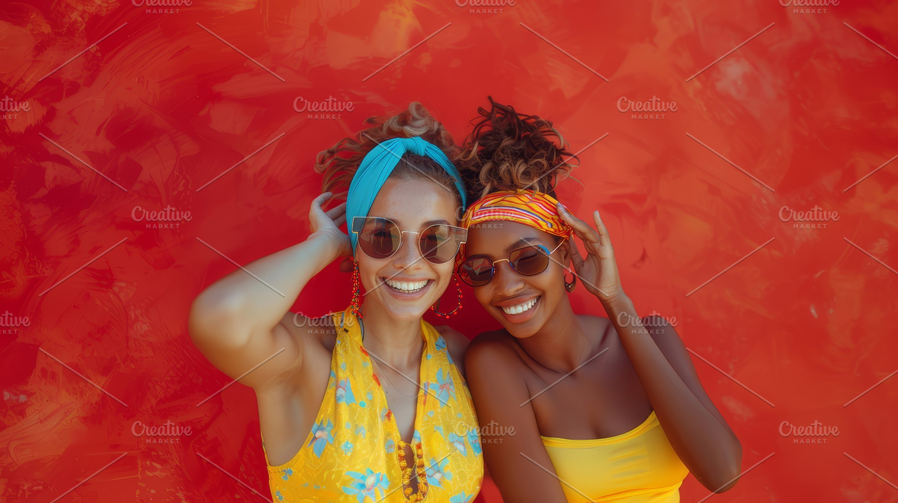 Two Playful Young Women in Colorful Wear Posing Against Vibrant Red Background, a Photo by AS photostudio