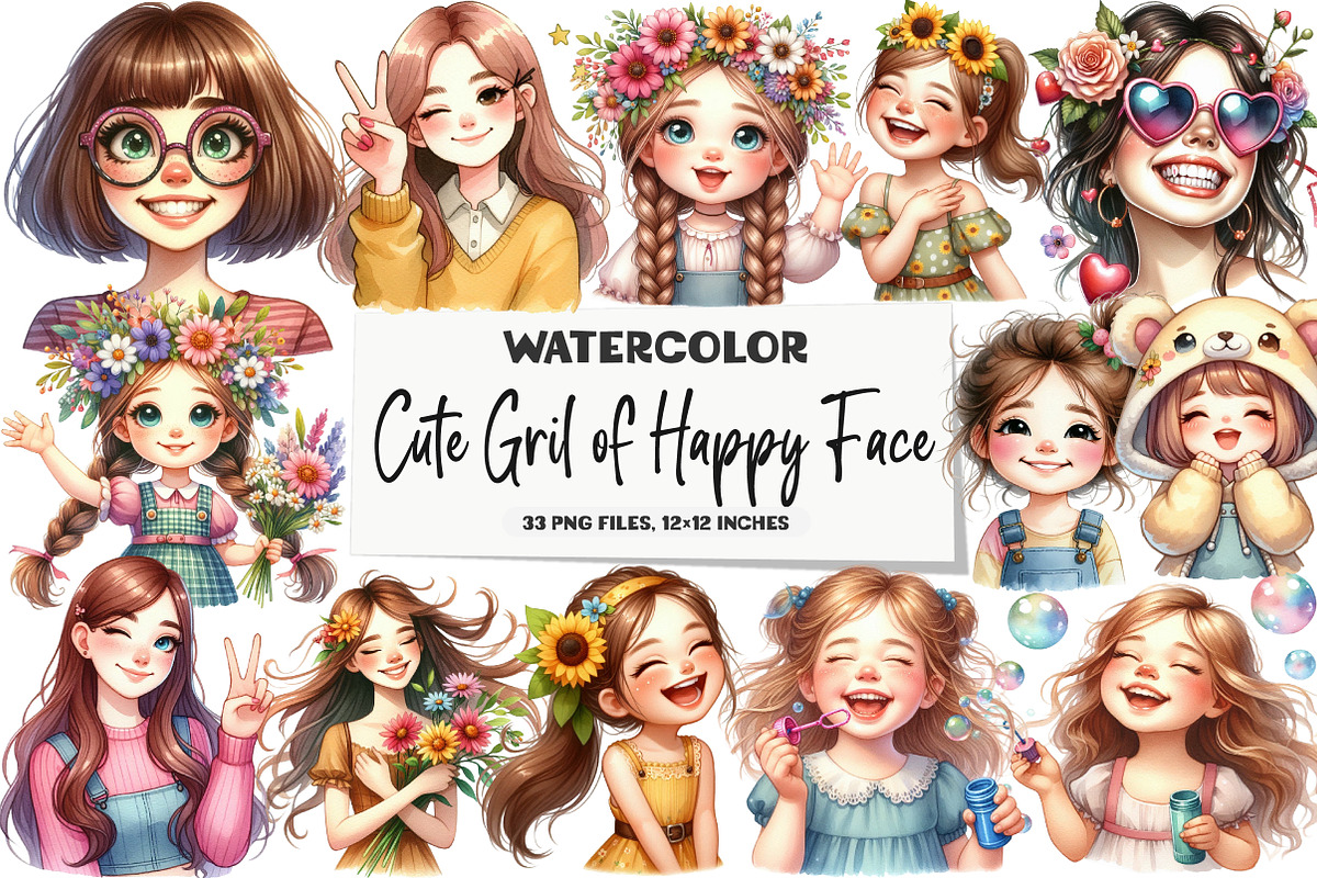 Cute Gril of Happy Face  Clipart, an Illustration by DreamArtGraphic (Photo 1 of 7)