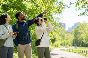 Birdwatching enthusiasts in lush gre, a Photo by Dvoevnore photos