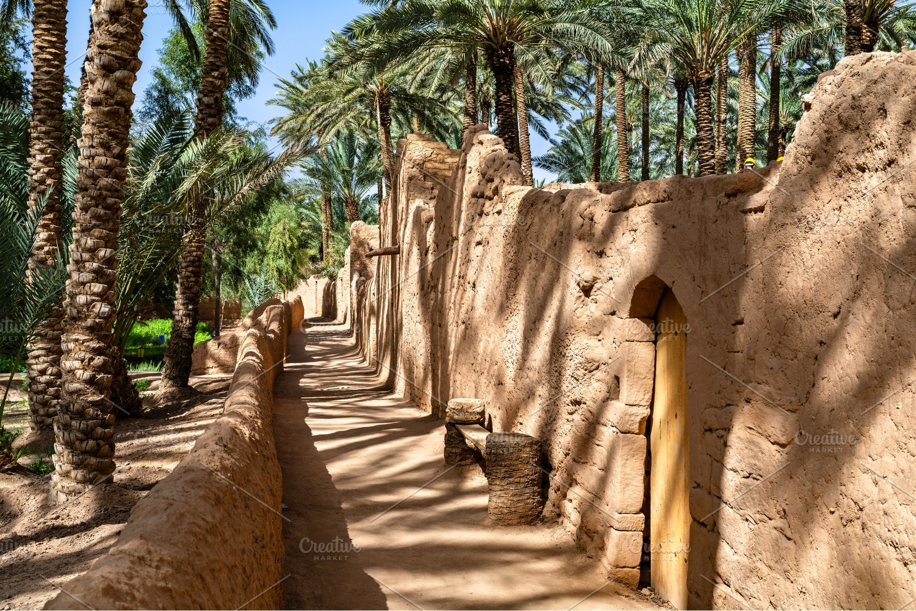 Traditional mudbrick walls and palm trees in AlUla Oasis, an Architecture Photo by Leonid Andronov
