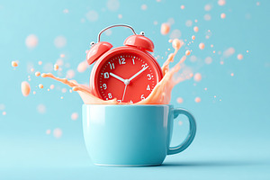 Red alarm clock splashes out of a pastel blue cup creating a playful morning sc, a Photo by AlyaAnd