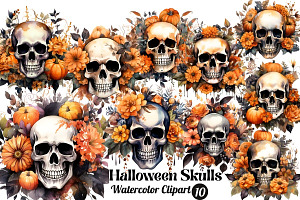 Watercolor Halloween Skulls Clipart
