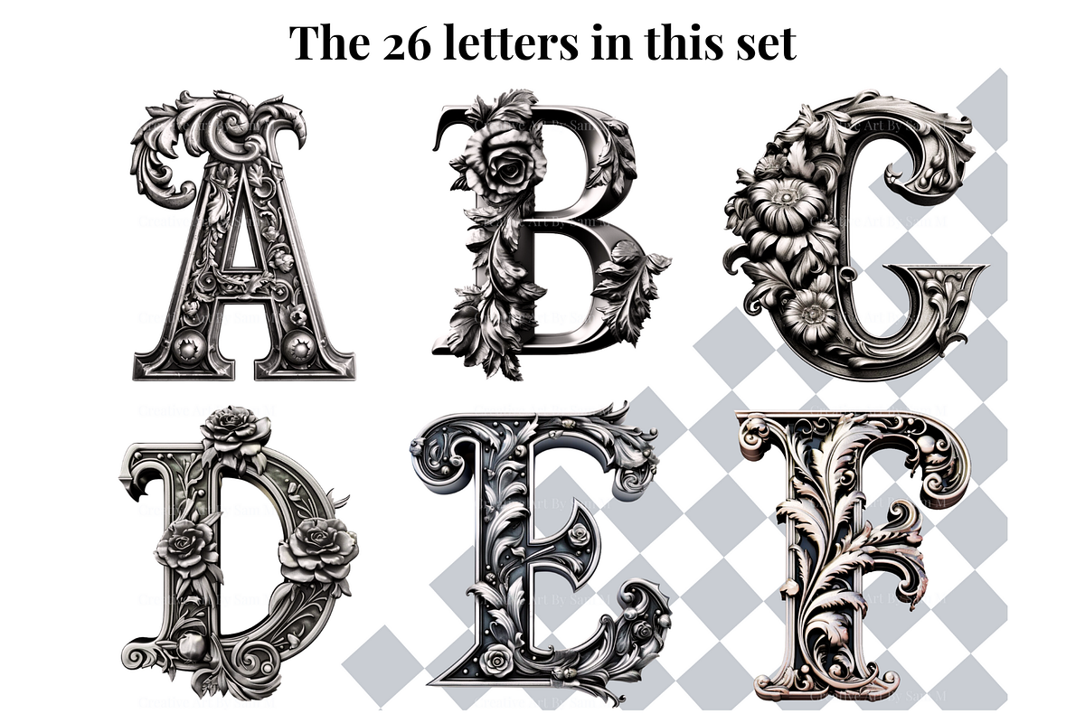 Gothic Silver Rose Alphabet Letters, a Decorative Illustration by Creative Art By SamM (Photo 10 of 10)