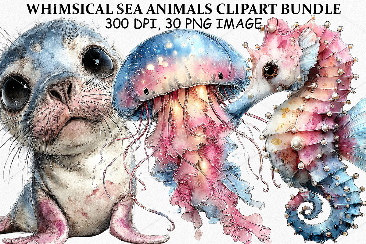 Whimsical Sea Animals Clipart Bundle, a Seasonal Illustration by Canvas Craft (Photo 1 of 6)