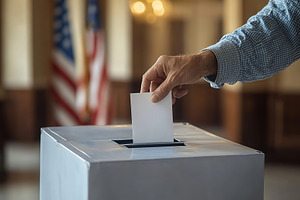 Hand putting vote into ballot box, against the background of the American flag, a Photo by AlyaAnd