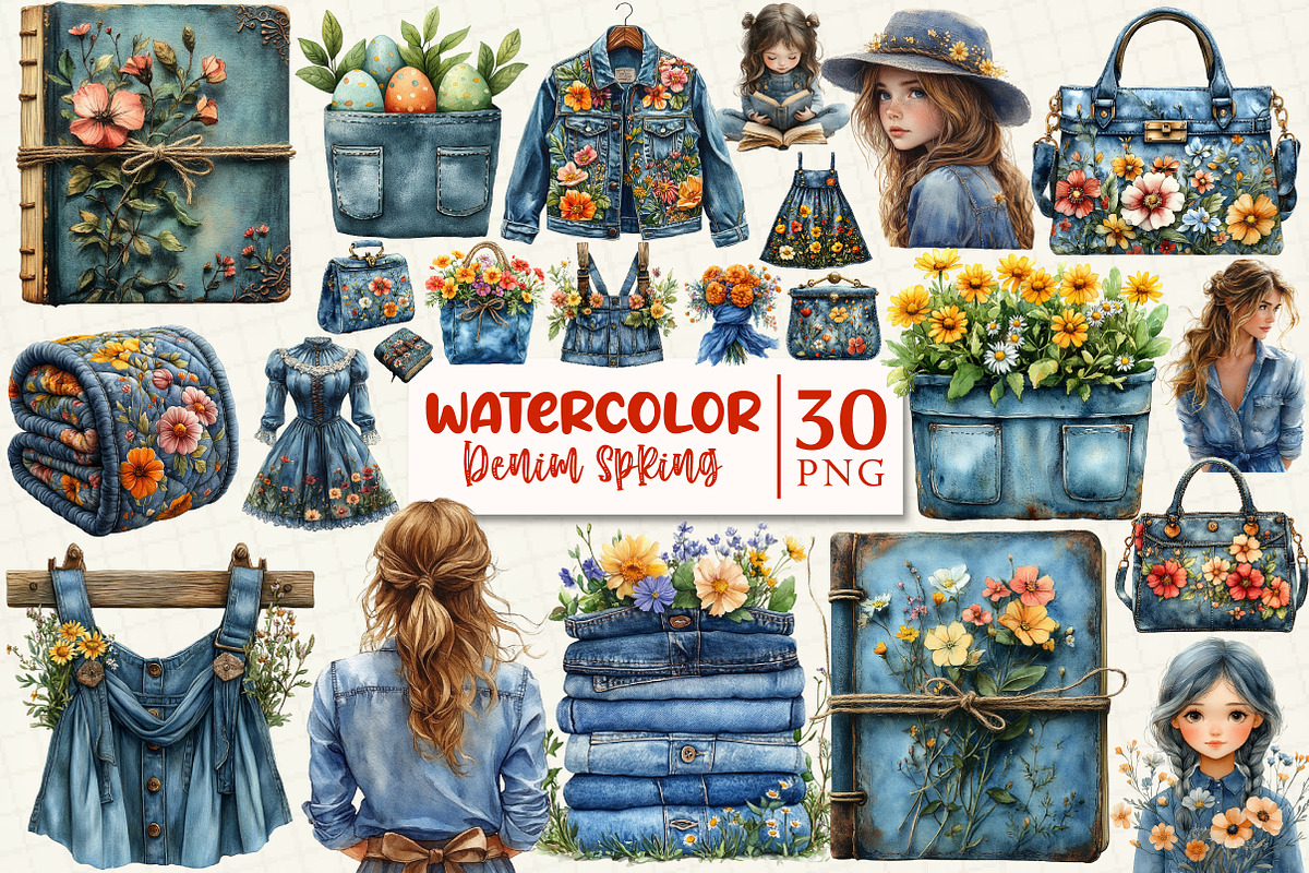 Vintage Denim Spring Clipart, a Work Illustration by OK Design (Photo 1 of 5)