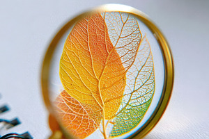 Magnified view of a green leaf with notebook, an Abstract Photo by AlyaAnd