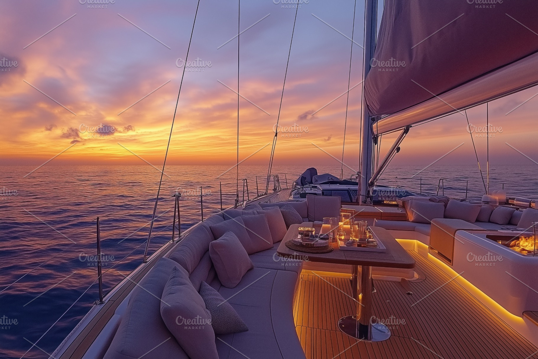 A luxurious yacht deck at sunset, featuring a spacious seating area with plush, a Technology Photo by Textures & Backgrounds