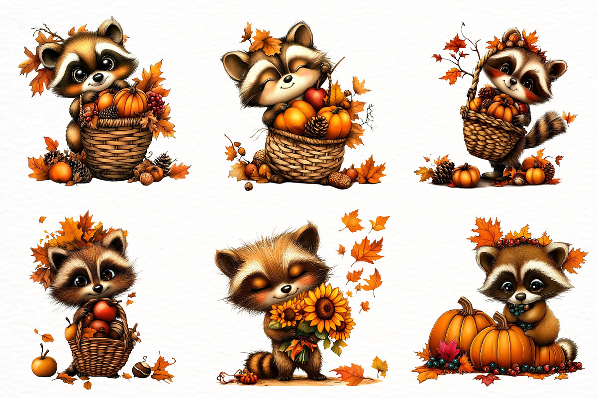 Whimsical Autumn Raccoon Clipart, a Seasonal Illustration by Designworld (Photo 2 of 8)