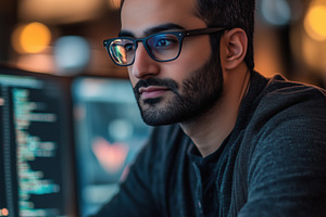 A focused Data Engineer young man with glasses working on a computer in a dimly, a Person Photo by Textures & Backgrounds