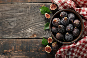 Fresh figs in bowl with copyspace on wooden table, a Food & Drink Photo by AlyaAnd