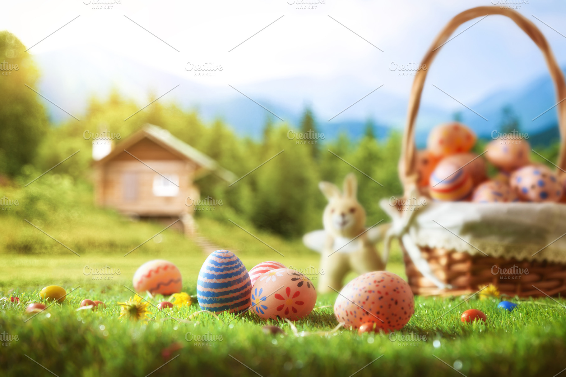 Easter Basket with Eggs in Spring Meadow with bunny, a Holiday Photo by Davizro's Market