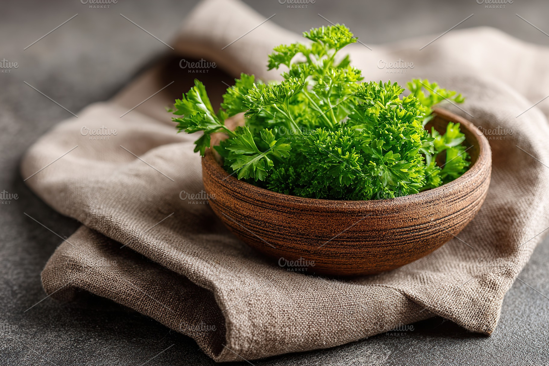 Fresh parsley bunches resting in a rustic clay bowl on a linen cloth, a Food & Drink Photo by AlyaAnd