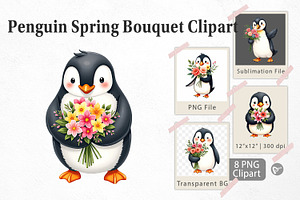 Penguin Spring Bouquet Clipart, a Graphic by Artnoy