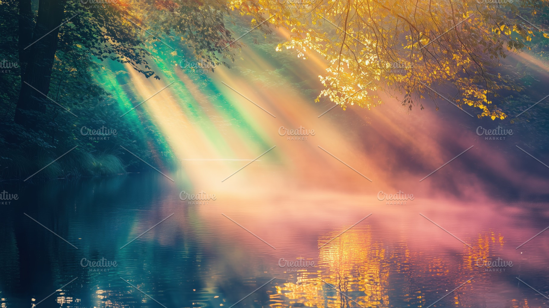 A serene river scene with colorful rays of sunlight streaming through trees, cr, a Photo by Textures & Backgrounds