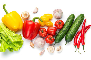 Fresh farm vegetables including peppers, cucumbers, tomatoes, ga, a Food & Drink Photo by Olena Rudo