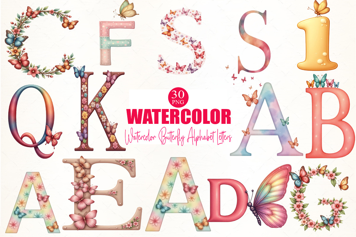 Watercolor Butterfly Alphabet Letter, an Illustration by CrexoraLab (Photo 5 of 5)