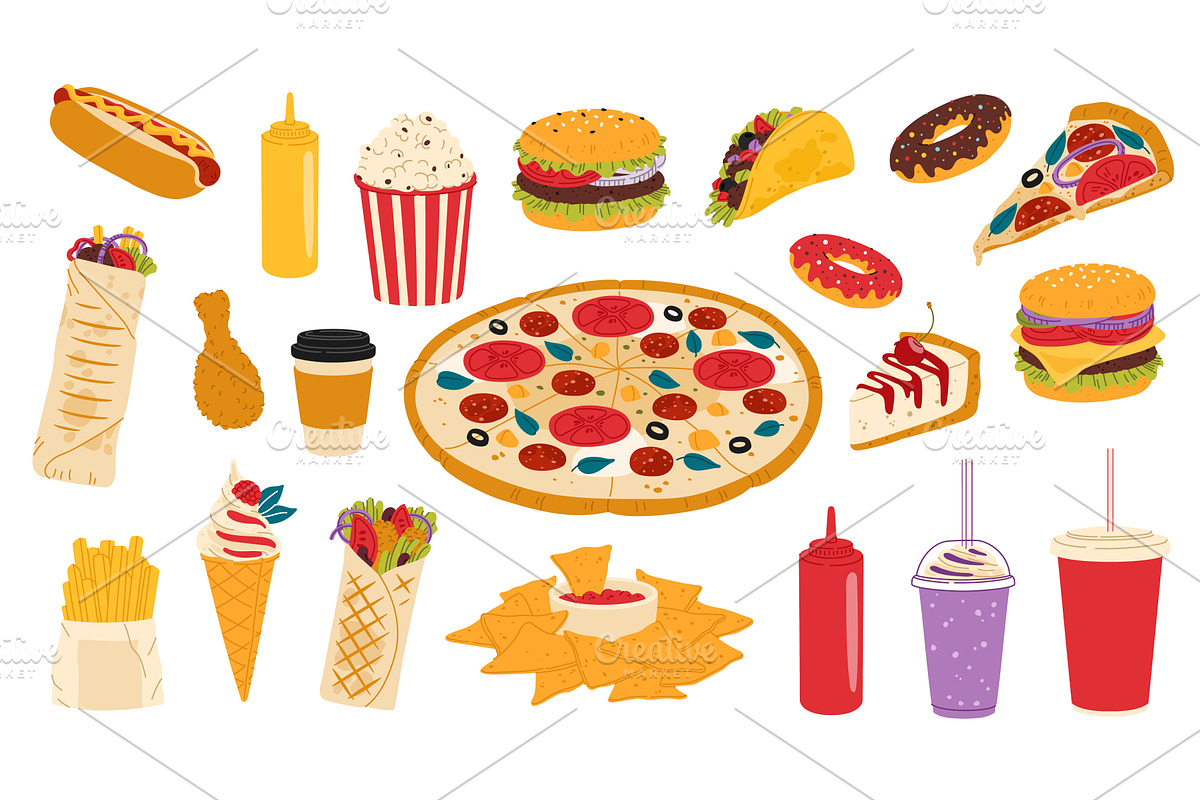 Takeaway fast food meals, a Food Illustration by Buch&Bee