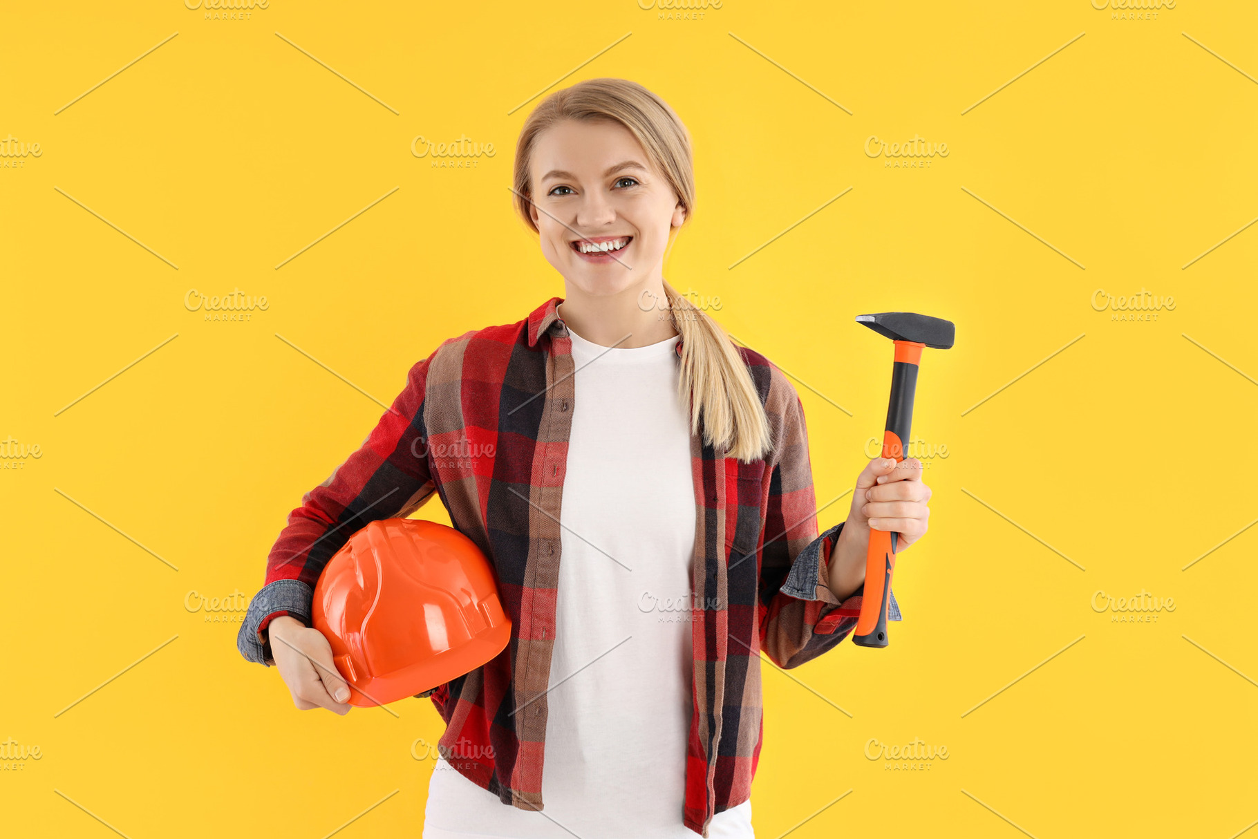 Concept of occupation, young woman on yellow background, a Person Photo by AtlasStudio PRO