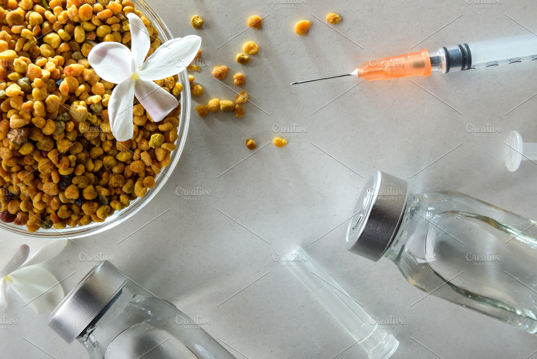 Pollen allergy vaccine macro and full bowl top view., a Health & Medical Photo by Davizro's Market