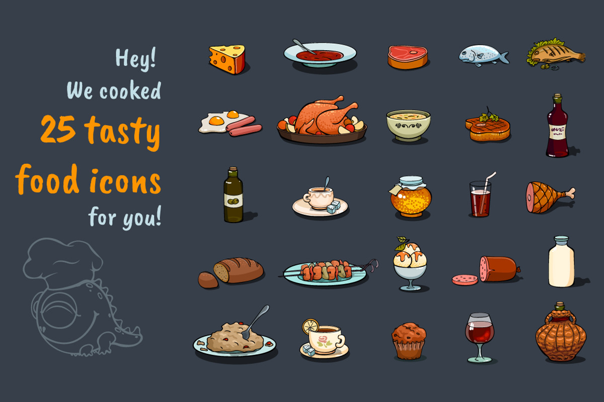 Cartoon Food Icons Game Set, a Food Illustration by Chuchilko shop (Photo 1 of 13)