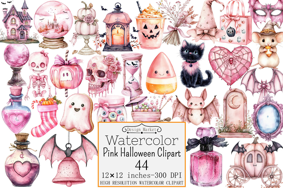 Watercolo Pink Halloween Clipart, a Seasonal Illustration by Design Market (Photo 1 of 4)