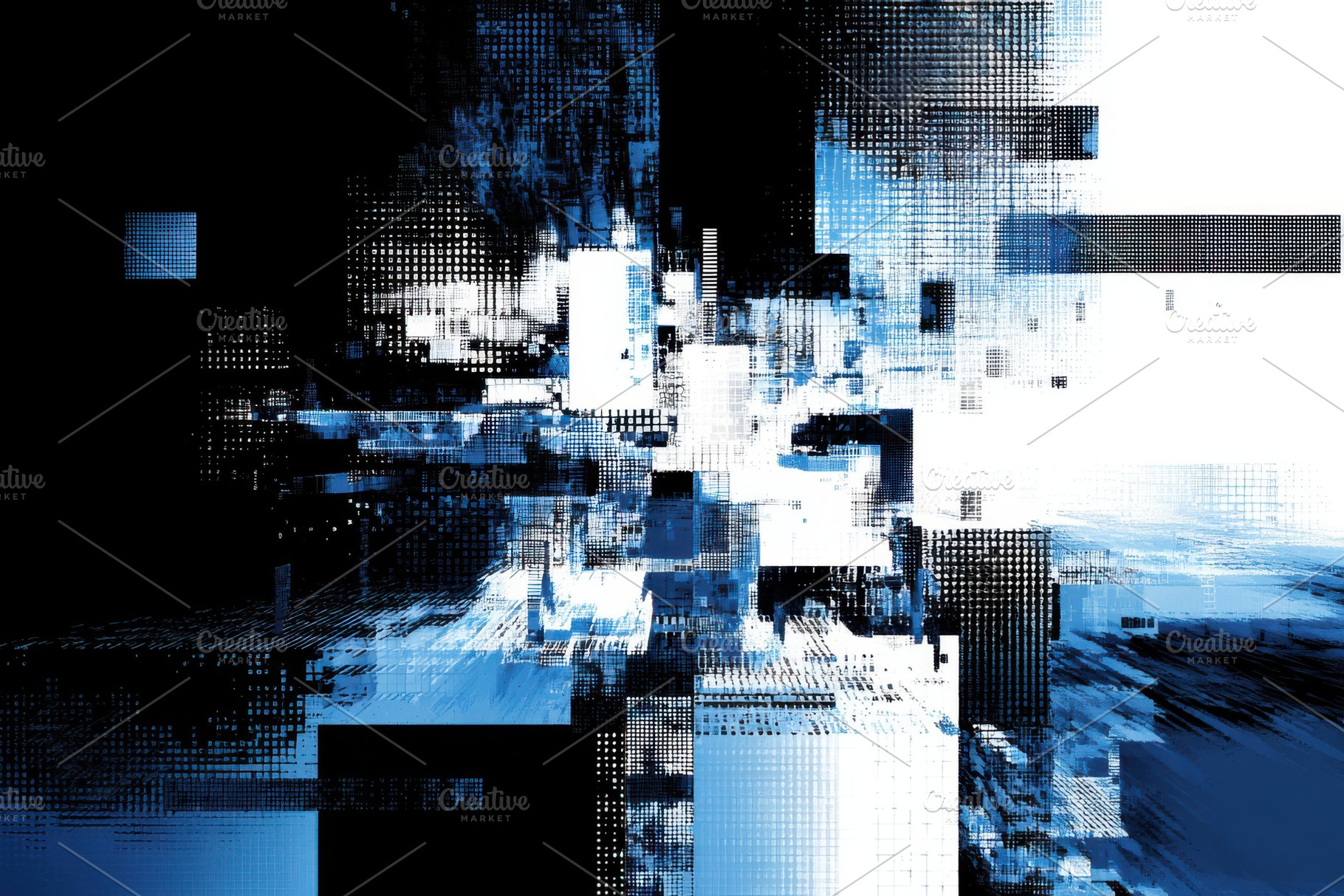 Abstract Blue Digital Cityscape Glit, a Photo by Pixeness Studio