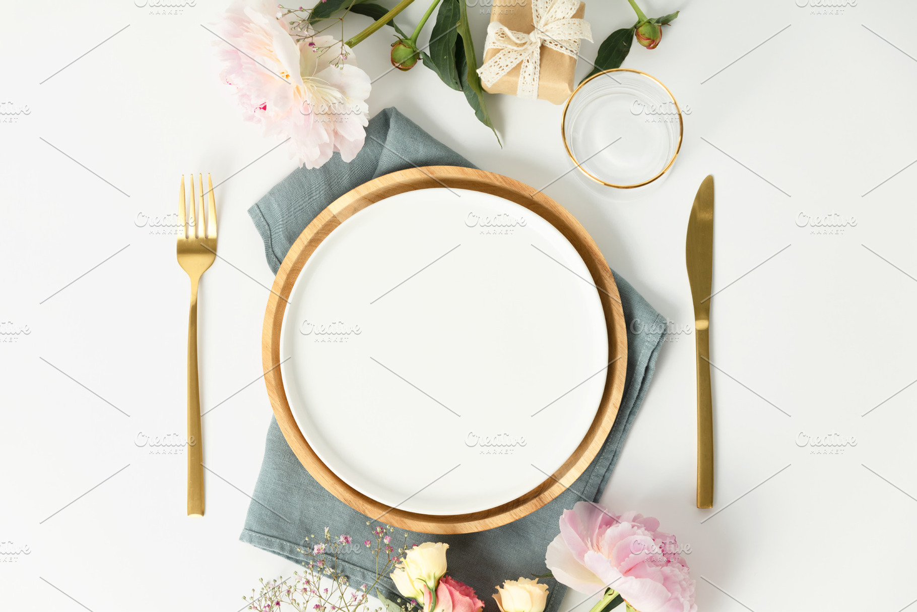 Beautiful table setting with golden cutlery and peony flowers, m, a Food & Drink Photo by Natalia Klenova's Shop