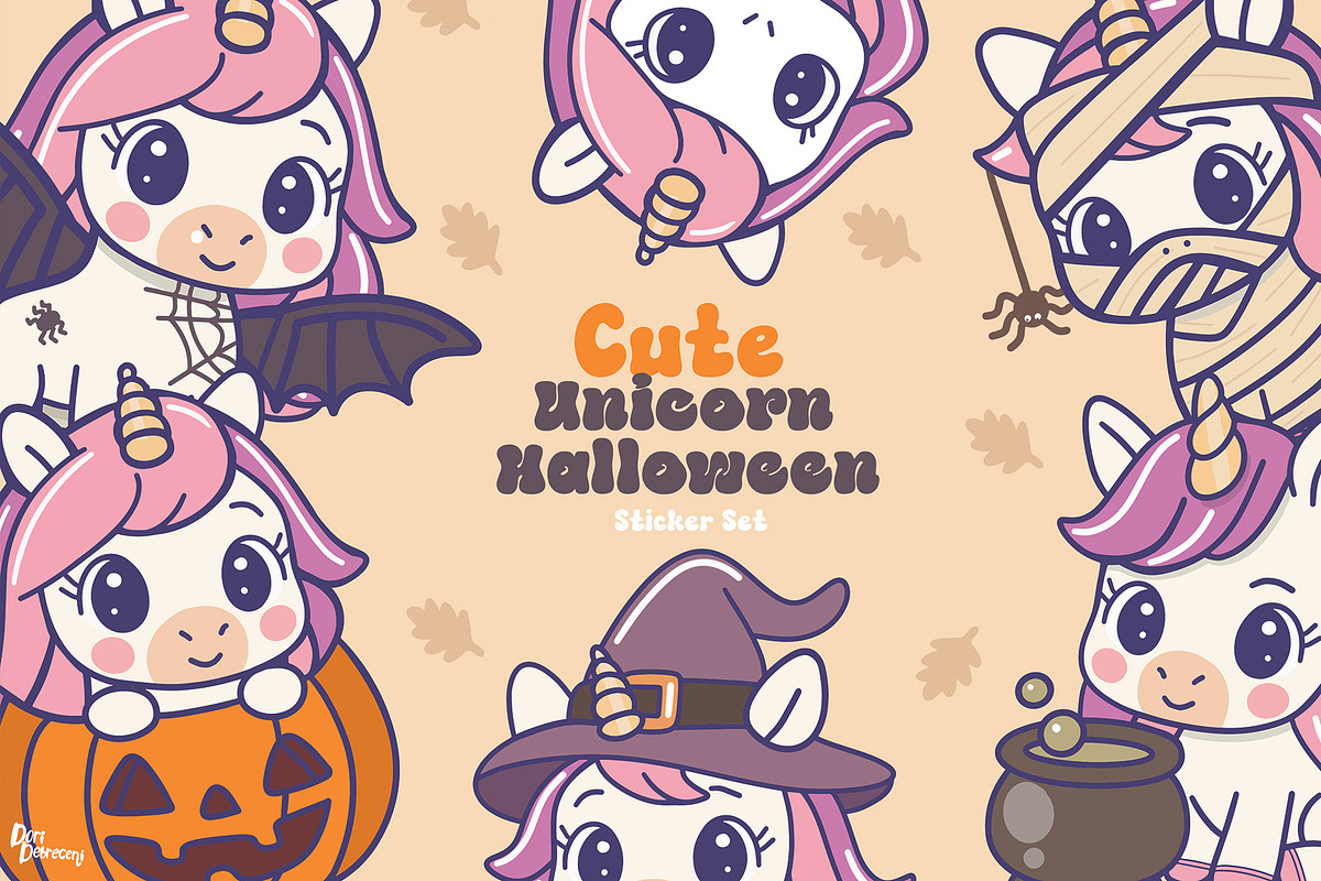 Cute Unicorn Halloween Sticker Set, a Graphic by Dori Debreceni draws (Photo 1 of 4)