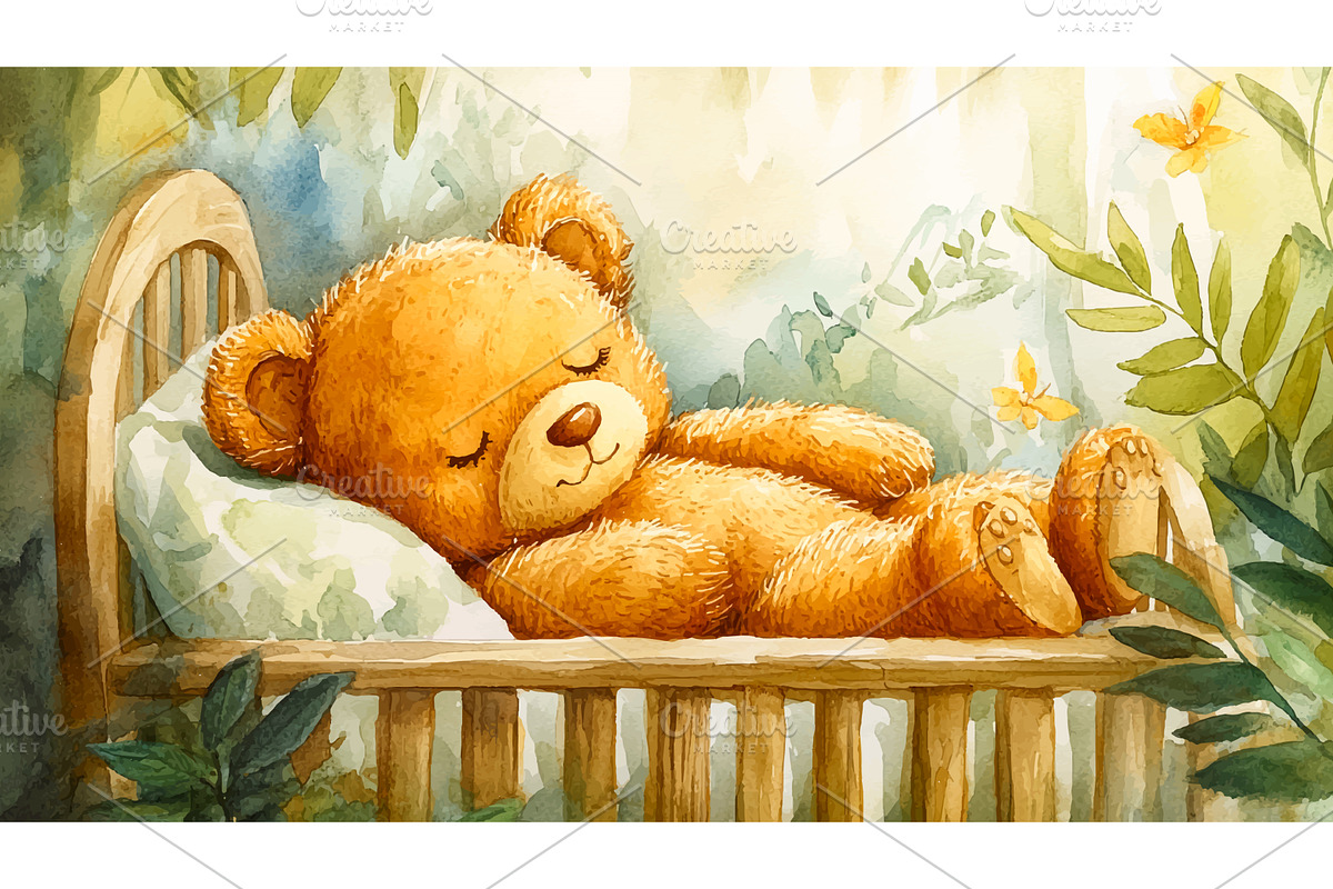 Teddy Bear Sleeping In Crib In The, a Texture Illustration by LadadikArt
