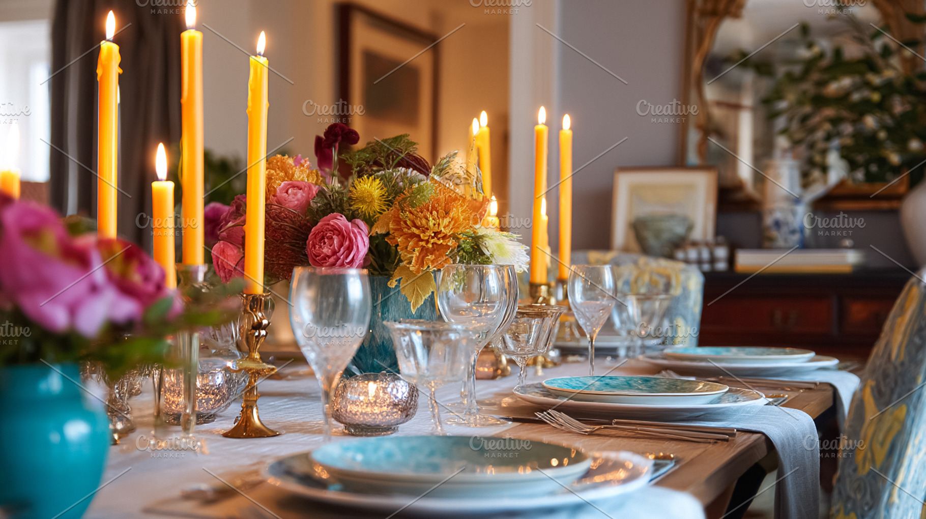 Elegant English dining tables styled with candlelight, floral ce, a Holiday Photo by Studio ANNA