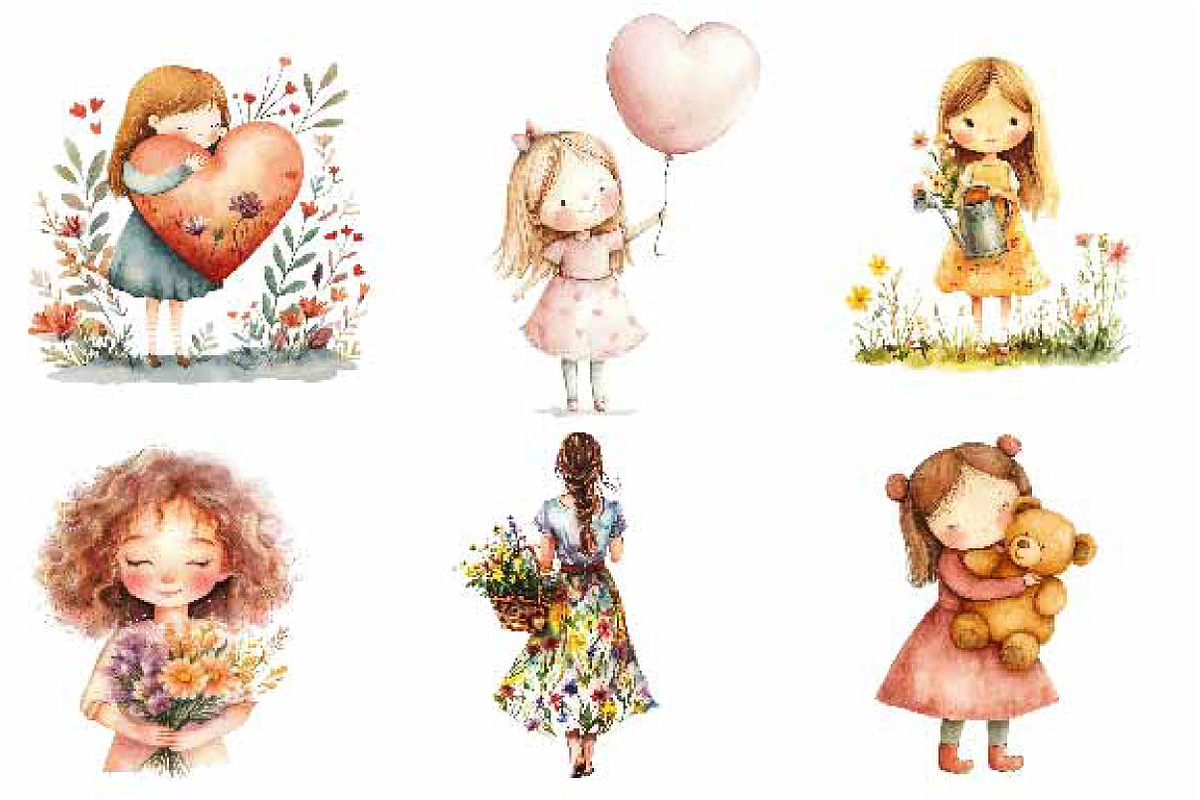 Watercolor Cute Girl Clipart, an Illustration by Designking (Photo 3 of 5)