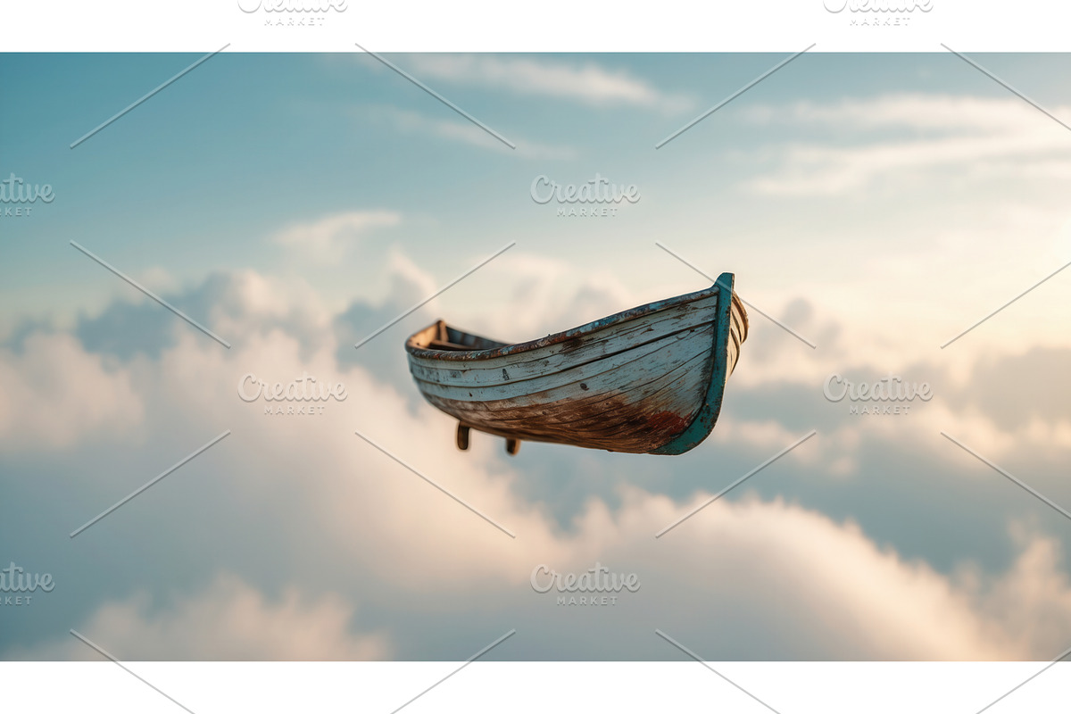 Wooden boat floating above clouds in, an Illustration by tilialucida