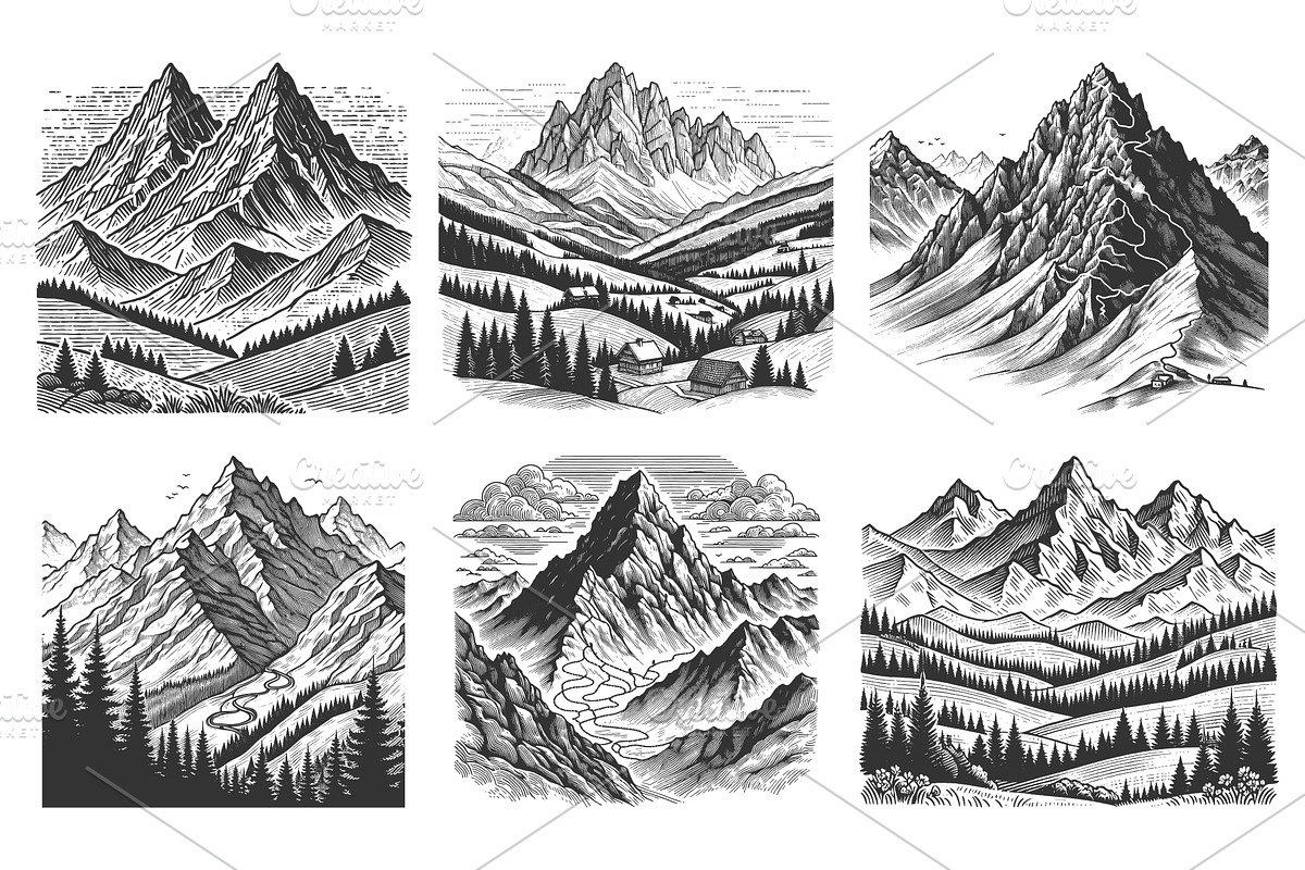 Mountain Landscape engraving set, an Illustration by AlexArt