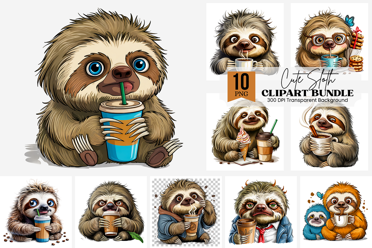 Male Sloth with Coffee Cup PNG, a Graphic by Clipart Bloom (Photo 1 of 11)