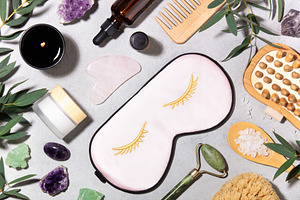 Self Care Spa Flat Lay with Sleep Mask, Jade Roller and Natural, a Beauty & Fashion Photo by Natalia Klenova's Shop