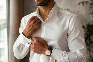 Man buttoning white dress shirt, a Business Photo by AlyaAnd