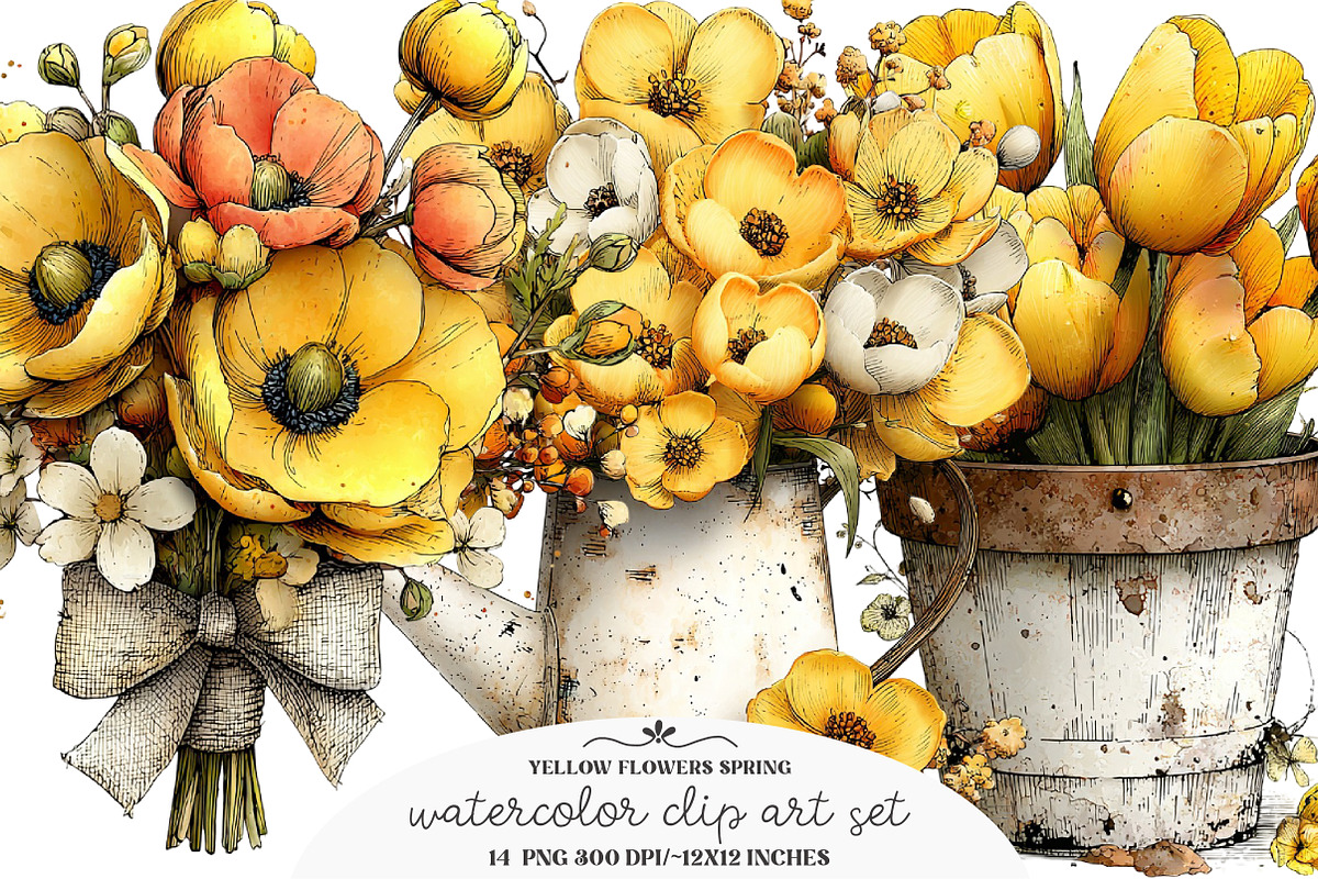 Yellow Flowers Spring Clipart, an Illustration by GatewayDesign (Photo 1 of 3)