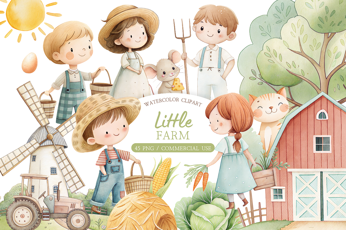 Little Farm Watercolor Clipart, an Illustration by MockupWizard (Photo 1 of 7)