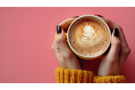 Cappuccino with latte art held by, a Food & Drink Photo by Rodica Ciorba