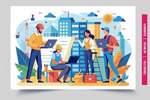 Four workers with laptops plans, an Illustration by Tanuart