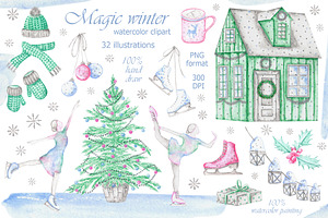 Magic winter watercolor clipart.