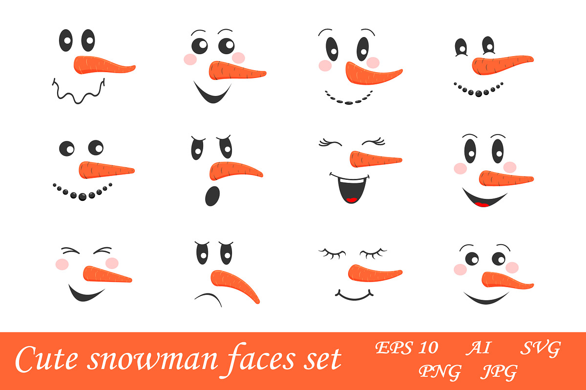 Cute snowman faces set, an Icon by vikkishop