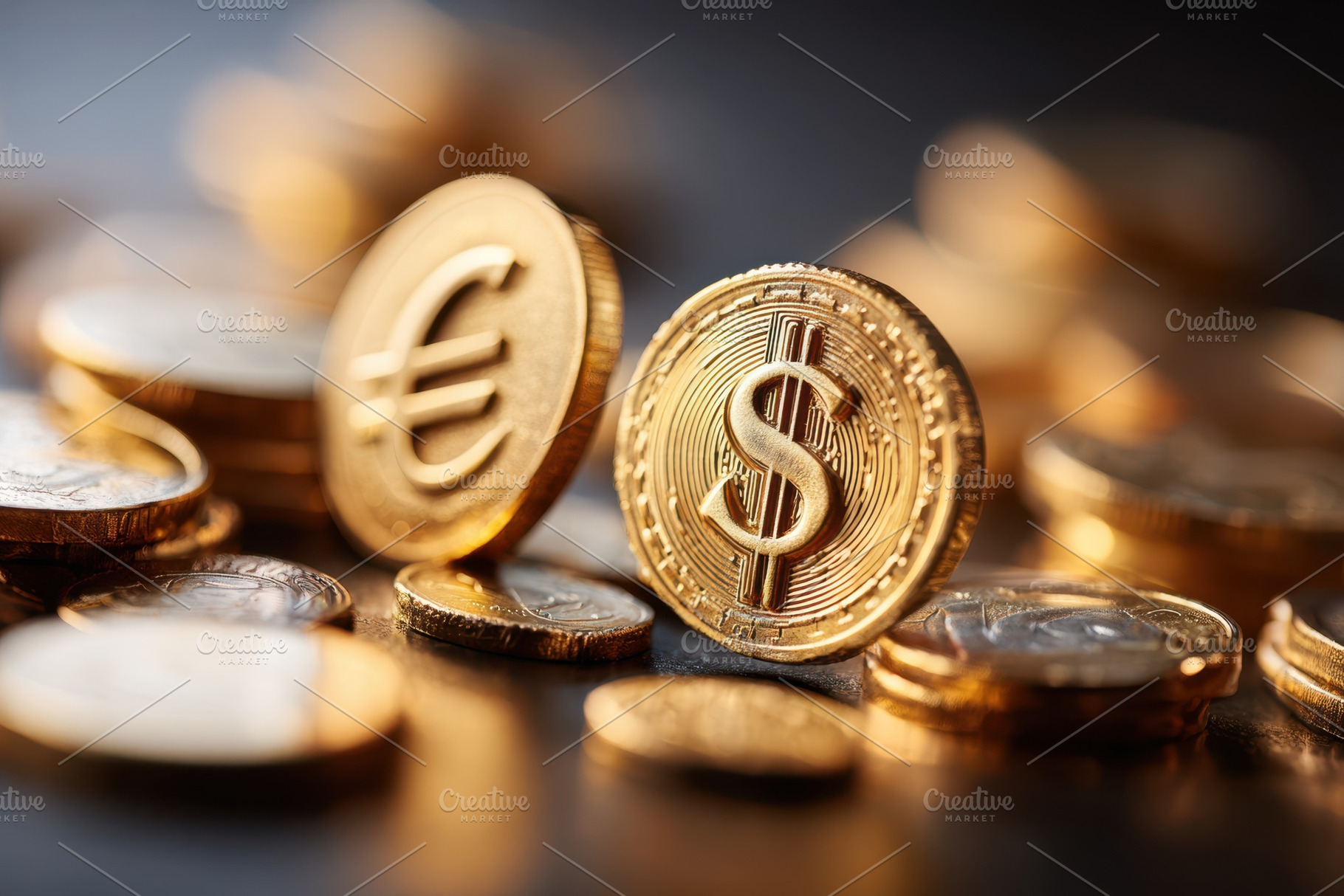 Gold euro and dollar coins close up, a Business Photo by AlyaAnd