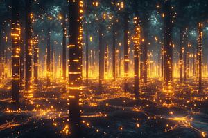 A mystical forest scene illuminated by glowing orange lights, creating a magica, a Photo by Textures & Backgrounds
