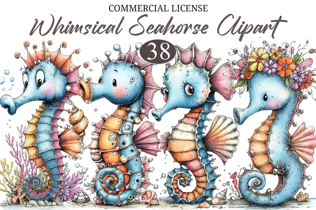 Whimsical Seahorse Clipart, a Seasonal Illustration by designcity5 (Photo 1 of 5)