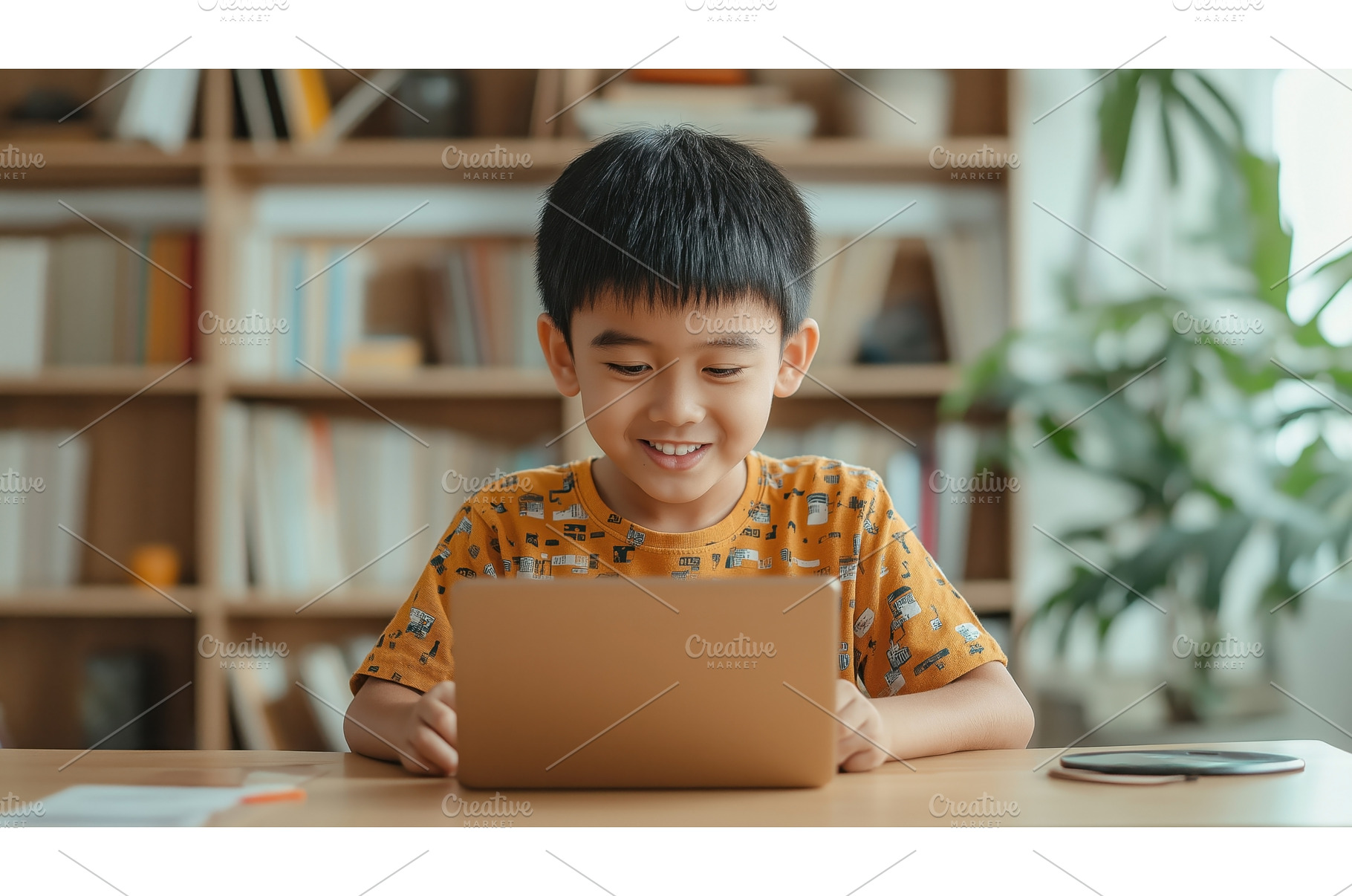 Asian boy happily using a tablet at, a Person Photo by Sergey Kotenev