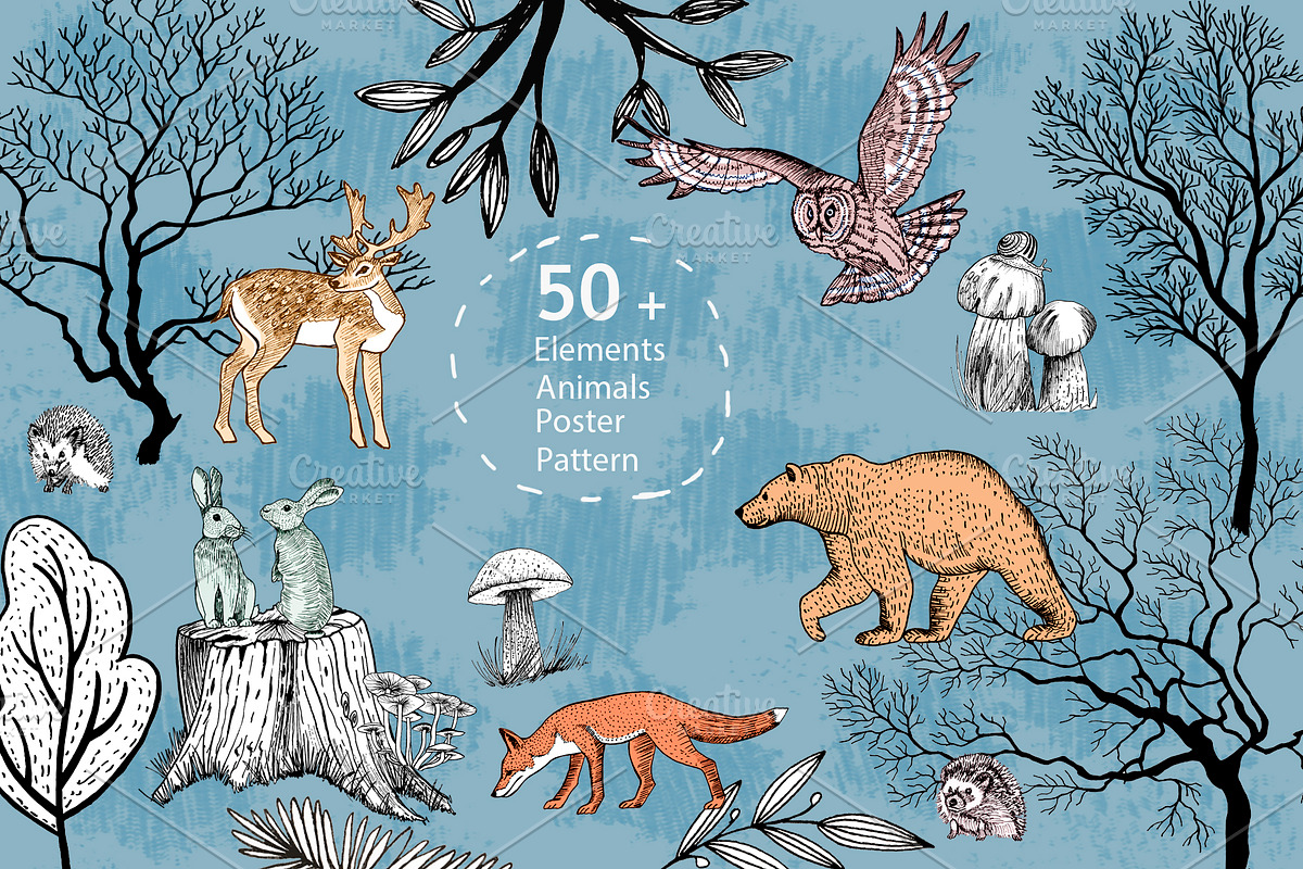 Forest animals, trees, mushrooms., an Animal Illustration by lilisavelieva (Photo 1 of 6)