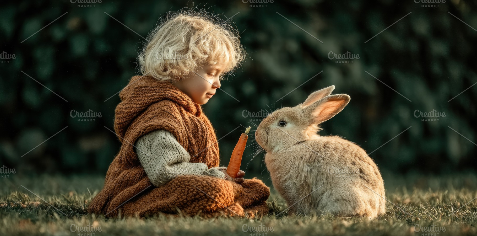 Toddler Feeding Carrot to Rabbit in Golden Sunset Meadow Warm Ch, an Animal Photo by José Manuel Gelpi